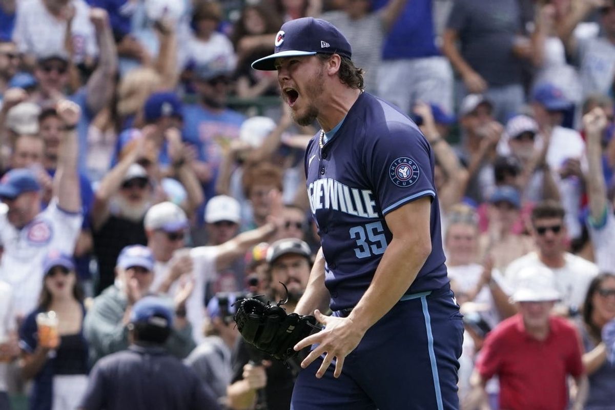 Jul 5, 2024; Chicago, Illinois, USA; Chicago Cubs pitcher Justin Steele (35) celebrates his complete game win against the Los Angeles Angels at Wrigley Field. Mandatory Credit: David Banks-USA TODAY Sports