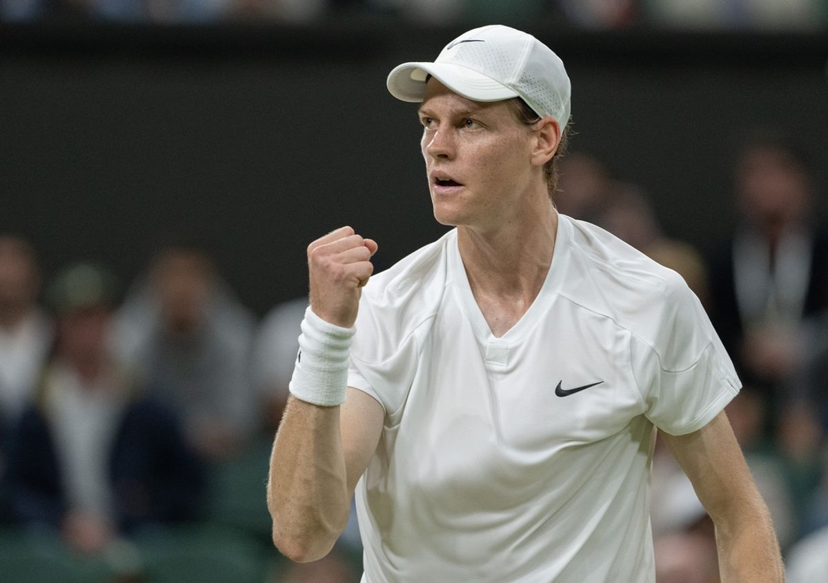 Jul 5, 2024; London, United Kingdom; Jannik Sinner of Italy reacts to a point during his match against Miomir Kecmanovic of Serbia (not shown) on day five of The Championships at All England Lawn Tennis and Croquet Club. Mandatory Credit: Susan Mullane-USA TODAY Sports