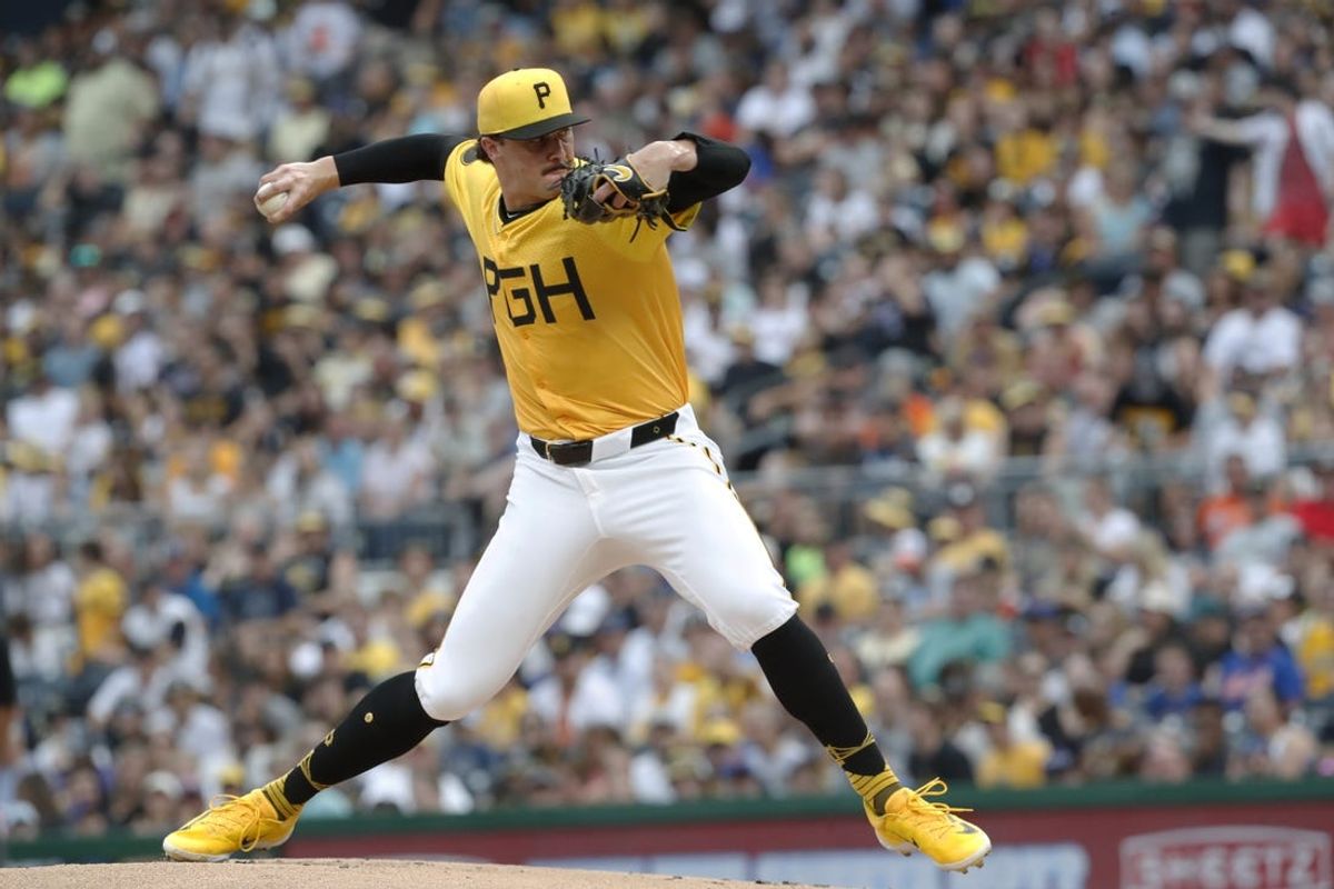 Jul 5, 2024; Pittsburgh, Pennsylvania, USA;  Pittsburgh Pirates starting pitcher Paul Skenes (30) delivers a pitch against the New York Mets during the first inning at PNC Park. Mandatory Credit: Charles LeClaire-USA TODAY Sports