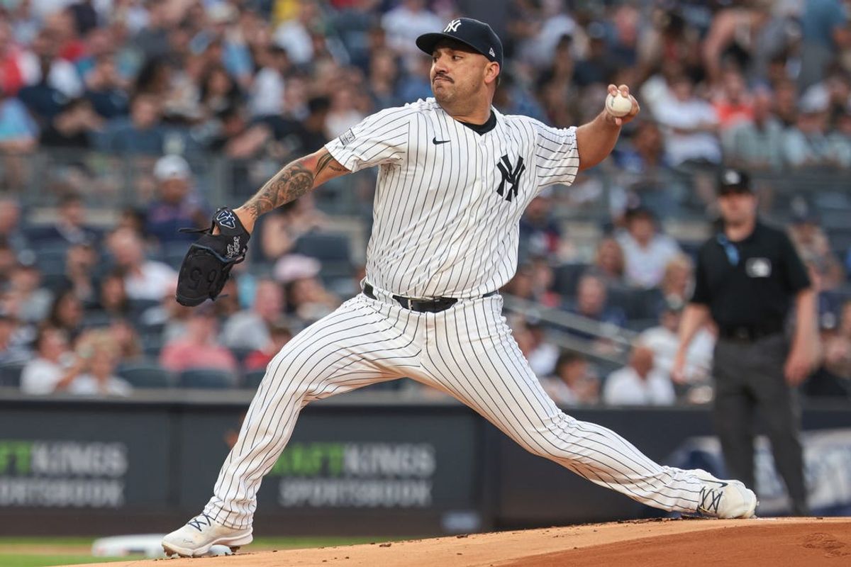 Jul 5, 2024; Bronx, New York, USA;  New York Yankees starting pitcher Nestor Cortes (65) delivers a pitch during the first inning against the Boston Red Sox at Yankee Stadium. Mandatory Credit: Vincent Carchietta-USA TODAY Sports