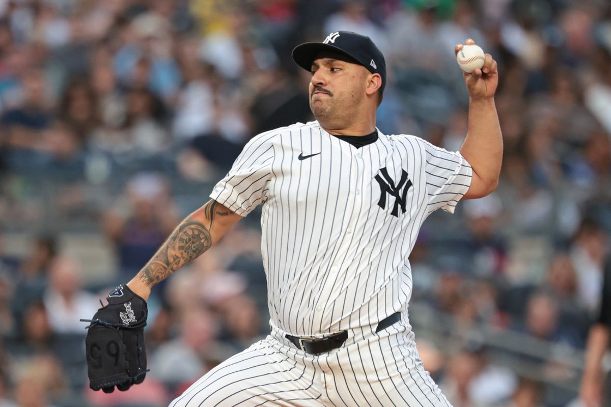 Jul 5, 2024; Bronx, New York, USA;  New York Yankees starting pitcher Nestor Cortes (65) delivers a pitch during the first inning against the Boston Red Sox at Yankee Stadium. Mandatory Credit: Vincent Carchietta-USA TODAY Sports