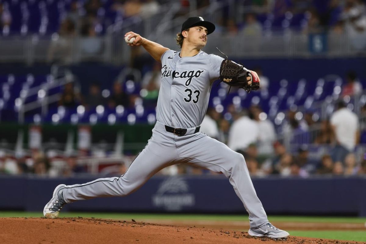 Jul 5, 2024; Miami, Florida, USA; Chicago White Sox starting pitcher Drew Thorpe (33) delivers a pitch against the Miami Marlins during the first inning at loanDepot Park. Mandatory Credit: Sam Navarro-USA TODAY Sports