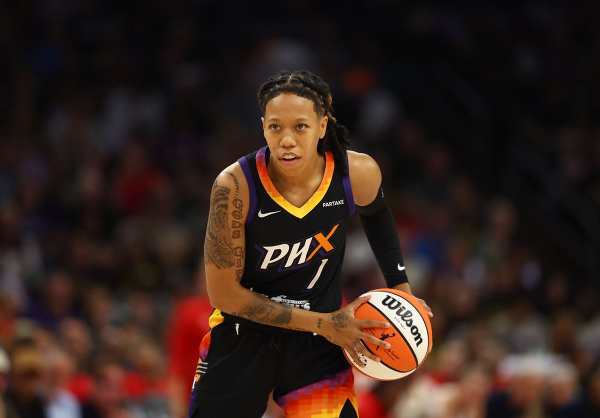 Jun 30, 2024; Phoenix, Arizona, USA; Phoenix Mercury guard Sug Sutton (1) against the Indiana Fever at Footprint Center. Mandatory Credit: Mark J. Rebilas-USA TODAY Sports