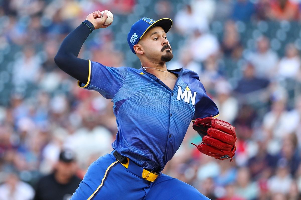 Jul 5, 2024; Minneapolis, Minnesota, USA; Minnesota Twins starting pitcher Pablo Lopez (49) delivers a pitch against the Houston Astros during the first inning at Target Field. Mandatory Credit: Matt Krohn-USA TODAY Sports