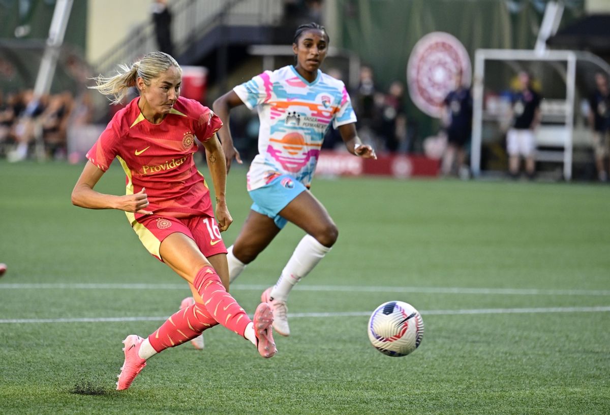 Jul 5, 2024; Portland, Oregon, USA; Portland Thorns FC forward Janine Beckie (16) shoots during the first half against the San Diego Wave FC at Providence Park. Mandatory Credit: Troy Wayrynen-USA TODAY Sports