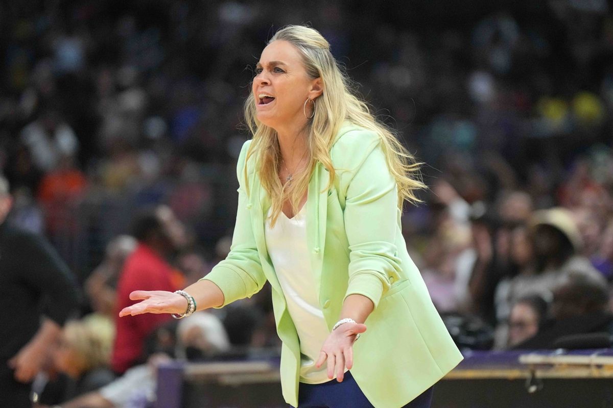 Jul 5, 2024; Los Angeles, California, USA; Las Vegas Aces coach Becky Hammon reacts against the LA Sparks in the second half at Crypto.com Arena. Mandatory Credit: Kirby Lee-USA TODAY Sports