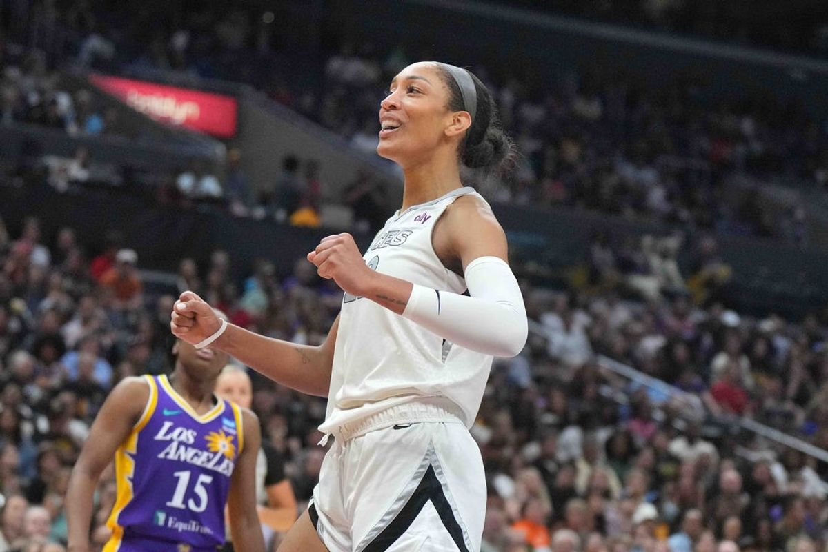 Jul 5, 2024; Los Angeles, California, USA; Las Vegas Aces center A'ja Wilson (22) reacts against the LA Sparks in the second half at Crypto.com Arena. Mandatory Credit: Kirby Lee-USA TODAY Sports
