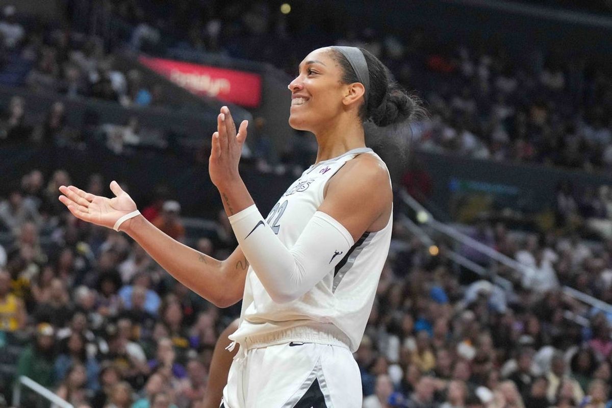Jul 5, 2024; Los Angeles, California, USA; Las Vegas Aces center A'ja Wilson (22) reacts against the LA Sparks in the second half at Crypto.com Arena. Mandatory Credit: Kirby Lee-USA TODAY Sports