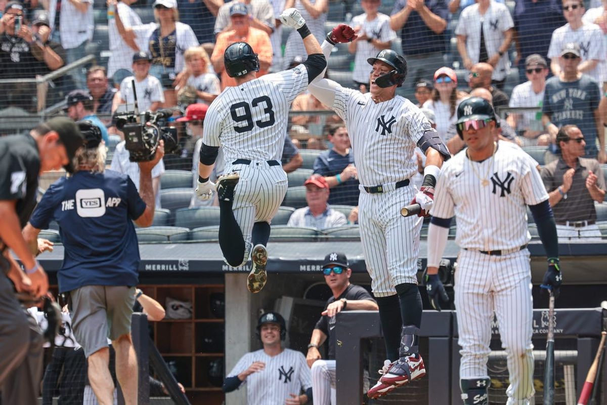 Jul 6, 2024; Bronx, New York, USA; New York Yankees first baseman Ben Rice (93) celebrates with center fielder Aaron Judge (99) after his solo home run during the first inning against the Boston Red Sox at Yankee Stadium. Mandatory Credit: Vincent Carchietta-USA TODAY Sports