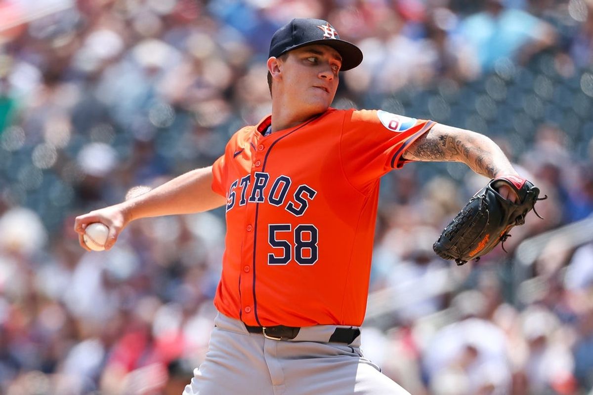 Jul 6, 2024; Minneapolis, Minnesota, USA; Houston Astros starting pitcher Hunter Brown (58) pitches against the Minnesota Twins during the first inning at Target Field. Mandatory Credit: Matt Krohn-USA TODAY Sports
