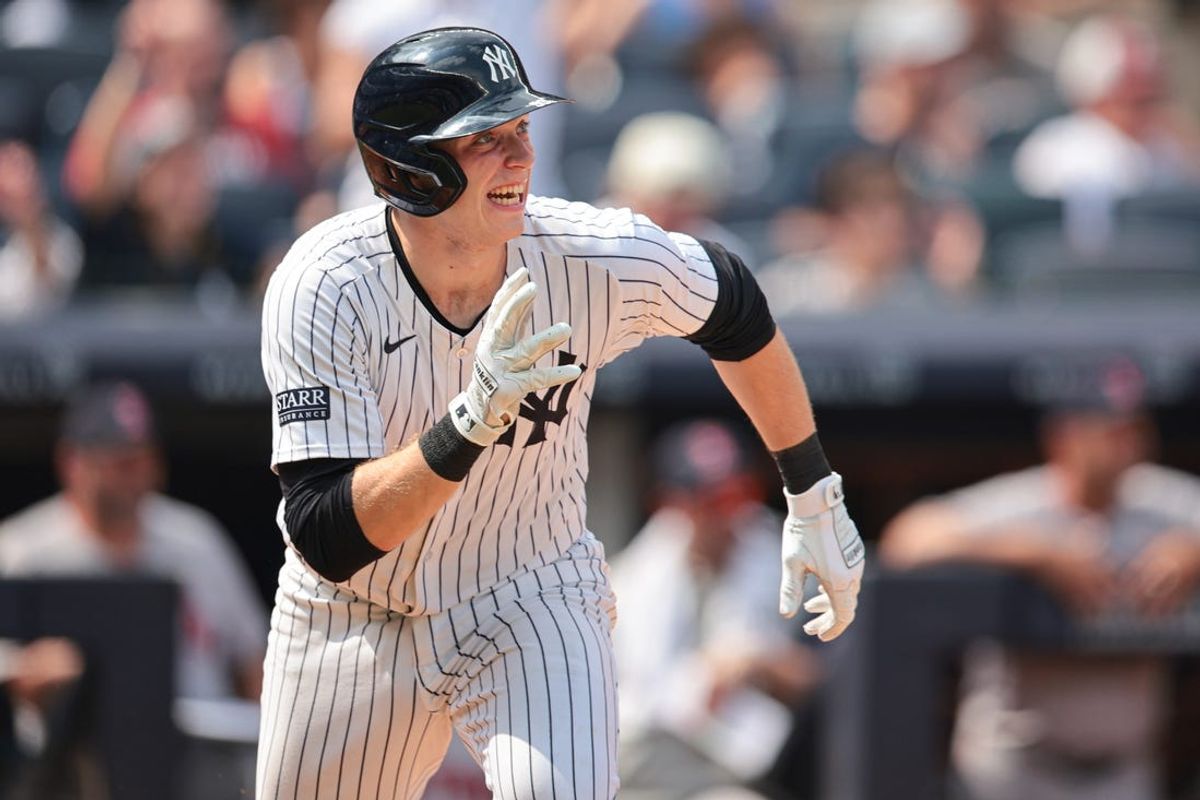 Jul 6, 2024; Bronx, New York, USA; New York Yankees first baseman Ben Rice (93) looks up at his third home run of the game, a three run home run during the seventh inning against the Boston Red Sox at Yankee Stadium. Mandatory Credit: Vincent Carchietta-USA TODAY Sports