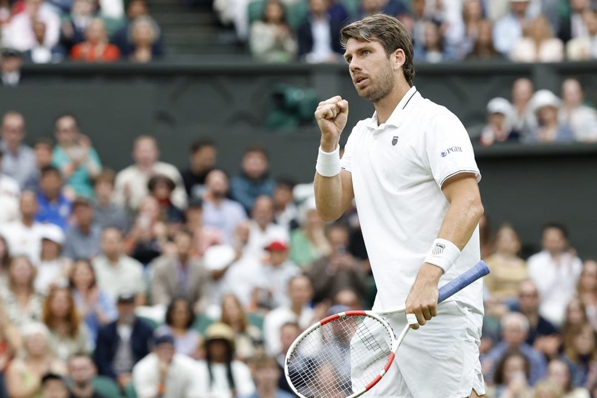 Jul 6, 2024; London,  United Kingdom; Cameron Norrie (GBR) reacts after winning a point against Alexander Zverev (GER)(not pictured) in a gentlemen's singles match on day six of The Championships Wimbledon 2024 at All England Lawn Tennis and Croquet Club. Mandatory Credit: Geoff Burke-USA TODAY Sports