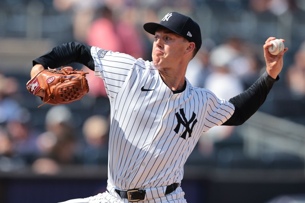 Jul 6, 2024; Bronx, New York, USA; New York Yankees relief pitcher Josh Maciejewski (63) delivers a pitch during the ninth inning against the Boston Red Sox at Yankee Stadium. Mandatory Credit: Vincent Carchietta-Imagn Images