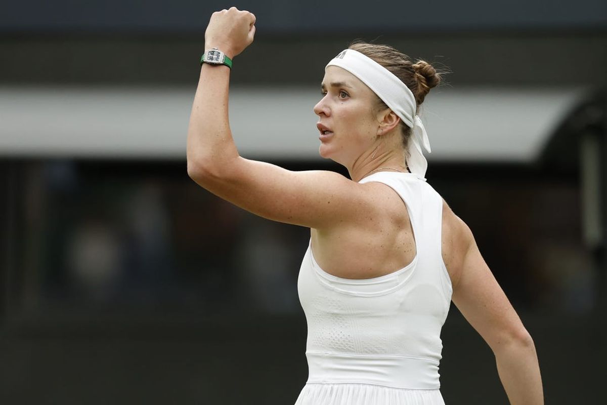 Jul 6, 2024; London,  United Kingdom; Elina Svitolina (UKR) reacts after winning a point against Ons Jabeur (TUN)(not pictured) in a ladies' singles match on day six of The Championships Wimbledon 2024 at All England Lawn Tennis and Croquet Club. Mandatory Credit: Geoff Burke-USA TODAY Sports