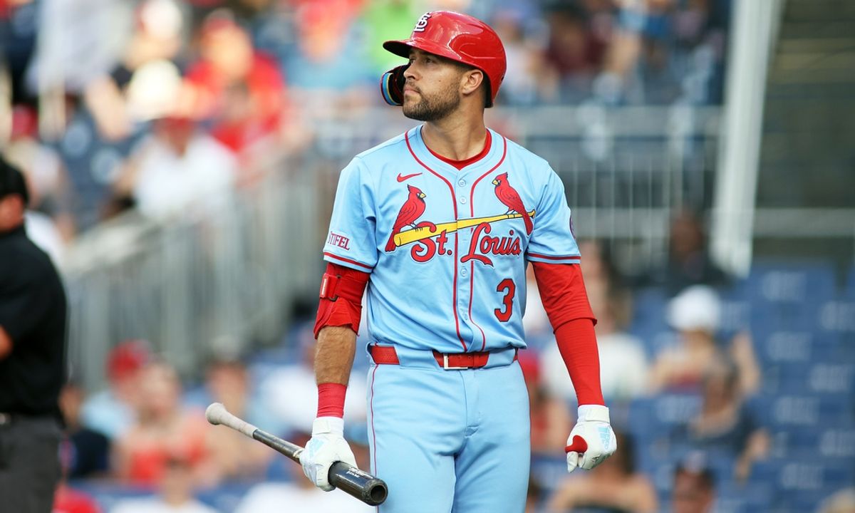 Jul 6, 2024; Washington, District of Columbia, USA; St. Louis Cardinals outfielder Dylan Carlson (3) reacts to a strikeout during the seventh inning against the Washington Nationals at Nationals Park. Mandatory Credit: Daniel Kucin Jr.-USA TODAY Sports