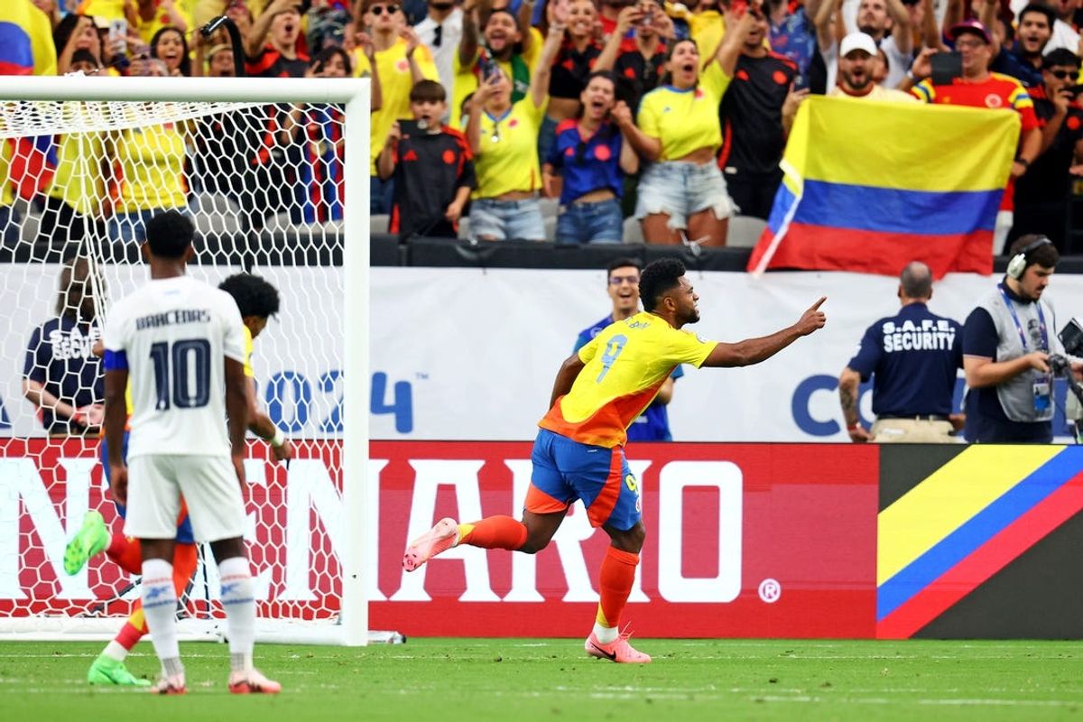 Jul 6, 2024; Glendale, AZ, USA; Colombia forward Miguel Borja (9) celebrates after scoring on a penalty kick during the second half against the Panama in the Copa America Quarterfinal at State Farm Stadium. Mandatory Credit: Mark J. Rebilas-USA TODAY Sports