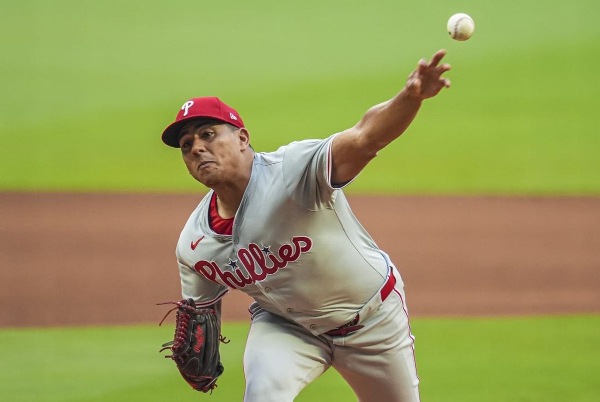 Jul 6, 2024; Cumberland, Georgia, USA; Philadelphia Phillies pitcher Ranger Suarez (55) pitches against the Atlanta Braves during the first inning at Truist Park. Mandatory Credit: Dale Zanine-USA TODAY Sports