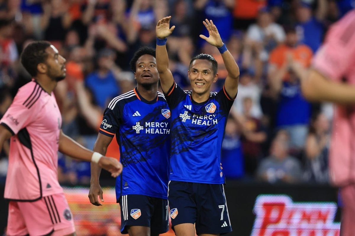 Jul 6, 2024; Cincinnati, Ohio, USA; FC Cincinnati forward Yuya Kubo (7) celebrates after scoring a goal against Inter Miami CF in the second half at TQL Stadium. Mandatory Credit: Katie Stratman-USA TODAY Sports