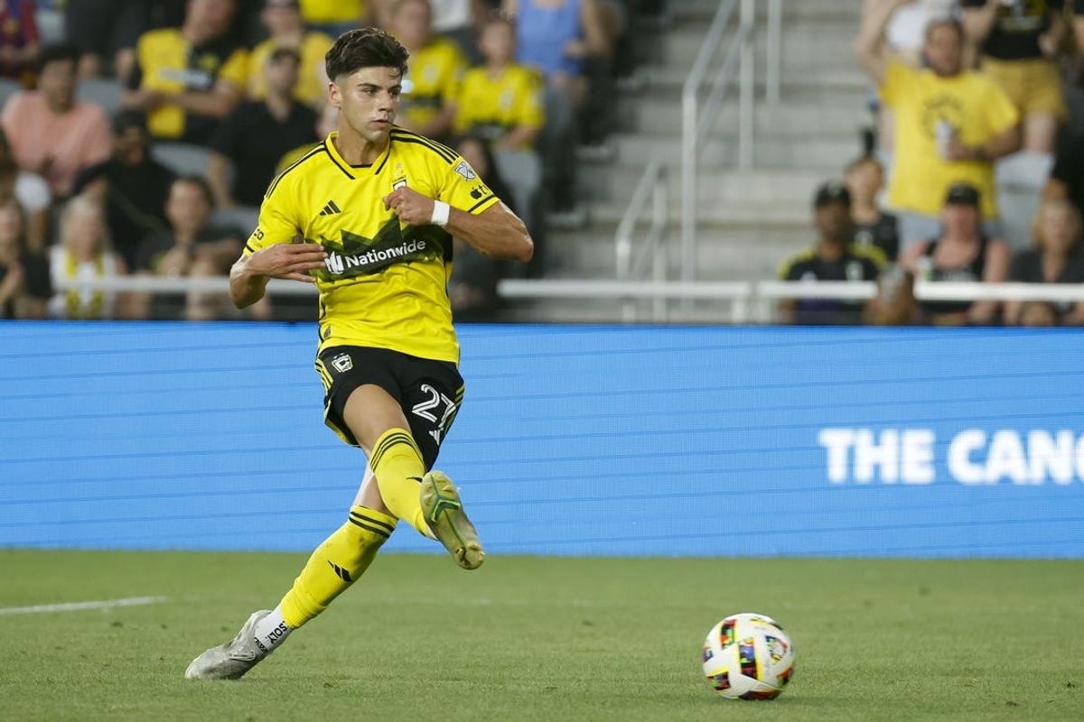 Jul 6, 2024; Columbus, Ohio, USA;  Columbus Crew forward Max Arfsten (27) dribbles second half against the Toronto FC at Lower.com Field. Mandatory Credit: Rick Osentoski-USA TODAY Sports