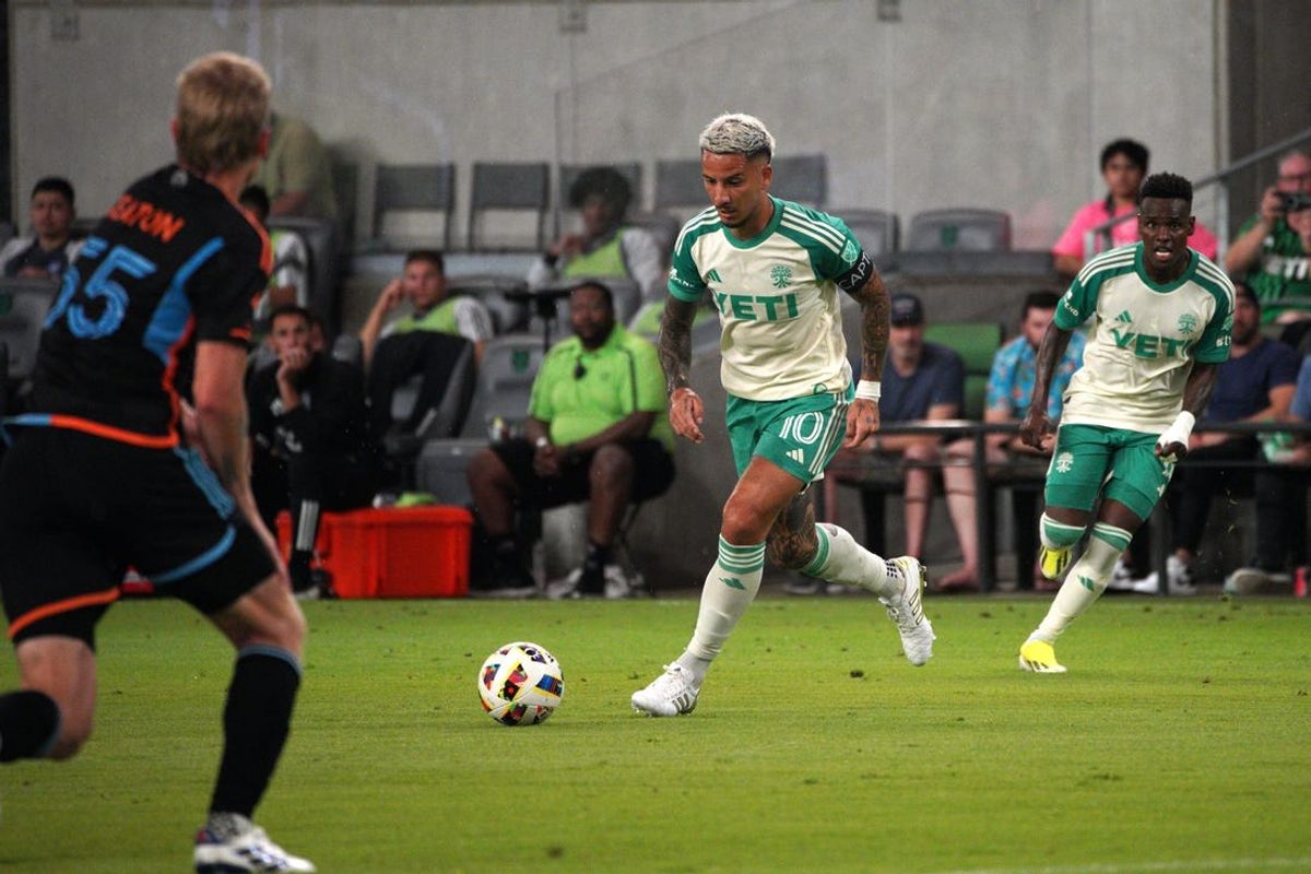 Jul 6, 2024; Austin, Texas, USA; Austin FC midfielder Sebastian Driussi (10) moves the ball against New York City FC during the first half at Q2 Stadium. Mandatory Credit: Dustin Safranek-USA TODAY Sports