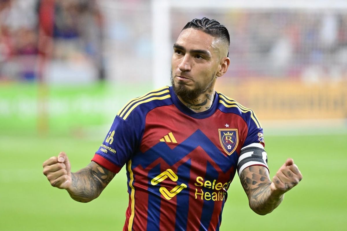 Jul 6, 2024; Sandy, Utah, USA; Real Salt Lake forward Cristian Arango (9) celebrates a goal in the second half against the Atlanta United FC at America First Field. Mandatory Credit: Christopher Creveling-USA TODAY Sports