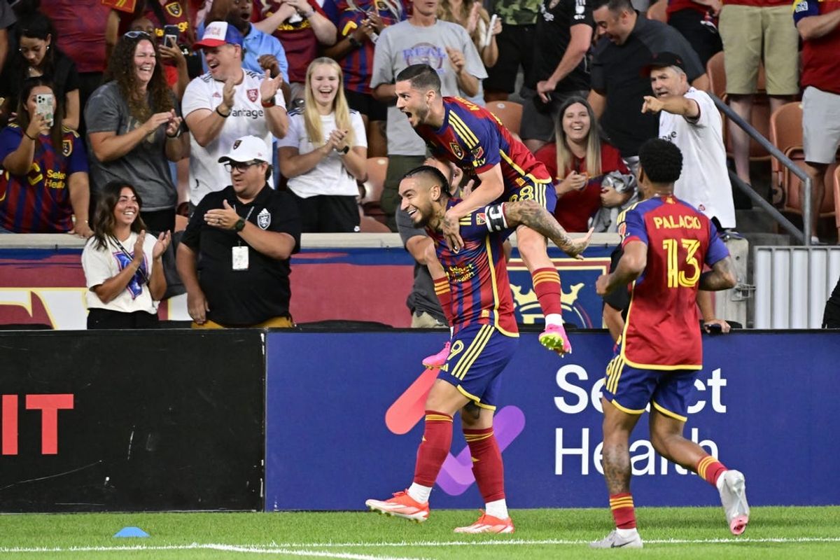 Jul 6, 2024; Sandy, Utah, USA; Real Salt Lake forward Cristian Arango (9) celebrates a goal with teammates in the second half against the Atlanta United FC at America First Field. Mandatory Credit: Christopher Creveling-USA TODAY Sports