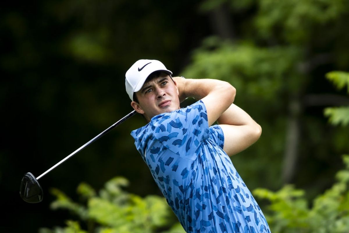 Jul 7, 2024; Silvis, Illinois, USA; Davis Thompson hits his tee shot on the second hole during the final round of the John Deere Classic golf tournament. Mandatory Credit: Joseph Cress-USA TODAY Sports