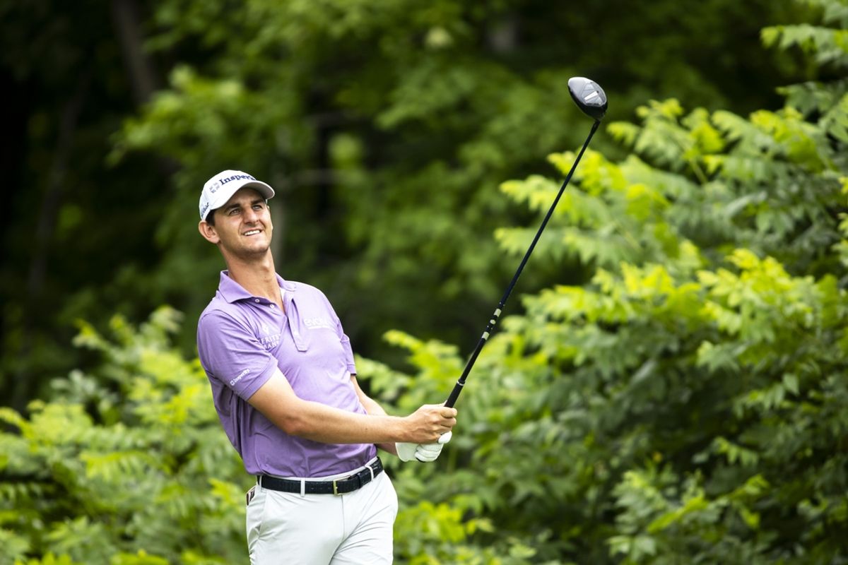 Jul 7, 2024; Silvis, Illinois, USA; Mac Meissner reacts after hitting his tee shot on the second hole during the final round of the John Deere Classic golf tournament. Mandatory Credit: Joseph Cress-USA TODAY Sports