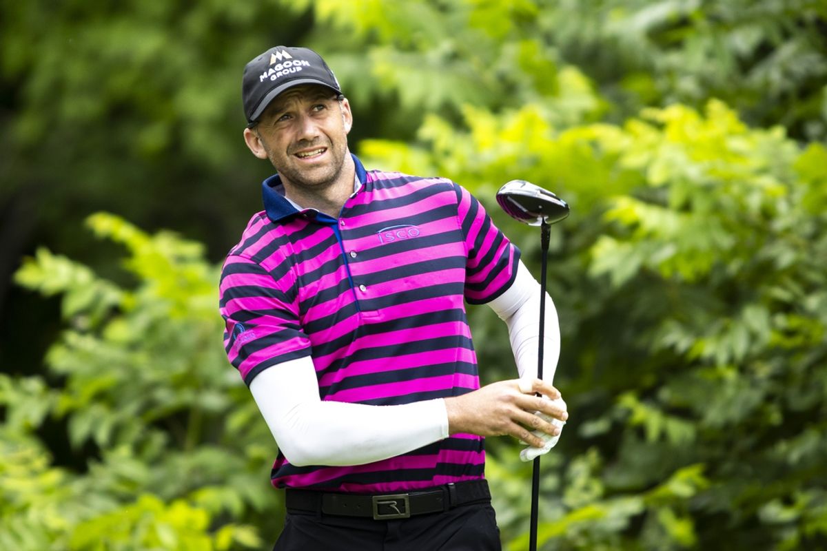 Jul 7, 2024; Silvis, Illinois, USA; Ben Silverman reacts after hitting his tee shot on the second hole during the final round of the John Deere Classic golf tournament. Mandatory Credit: Joseph Cress-USA TODAY Sports