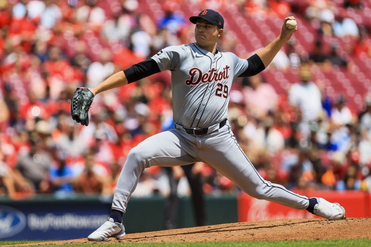 Jul 7, 2024; Cincinnati, Ohio, USA; Detroit Tigers starting pitcher Tarik Skubal (29) pitches against the Cincinnati Reds in the first inning at Great American Ball Park. Mandatory Credit: Katie Stratman-USA TODAY Sports