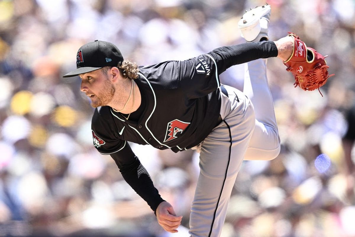 Jul 7, 2024; San Diego, California, USA; Arizona Diamondbacks starting pitcher Ryne Nelson (19) pitches against the San Diego Padres during the third inning at Petco Park. Mandatory Credit: Orlando Ramirez-USA TODAY Sports