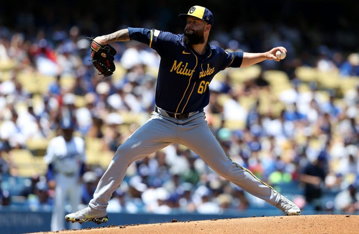 Jul 7, 2024; Los Angeles, California, USA; Milwaukee Brewers pitcher Dallas Keuchel (60) throws during the first inning against the Los Angeles Dodgers at Dodger Stadium. Mandatory Credit: Jason Parkhurst-USA TODAY Sports