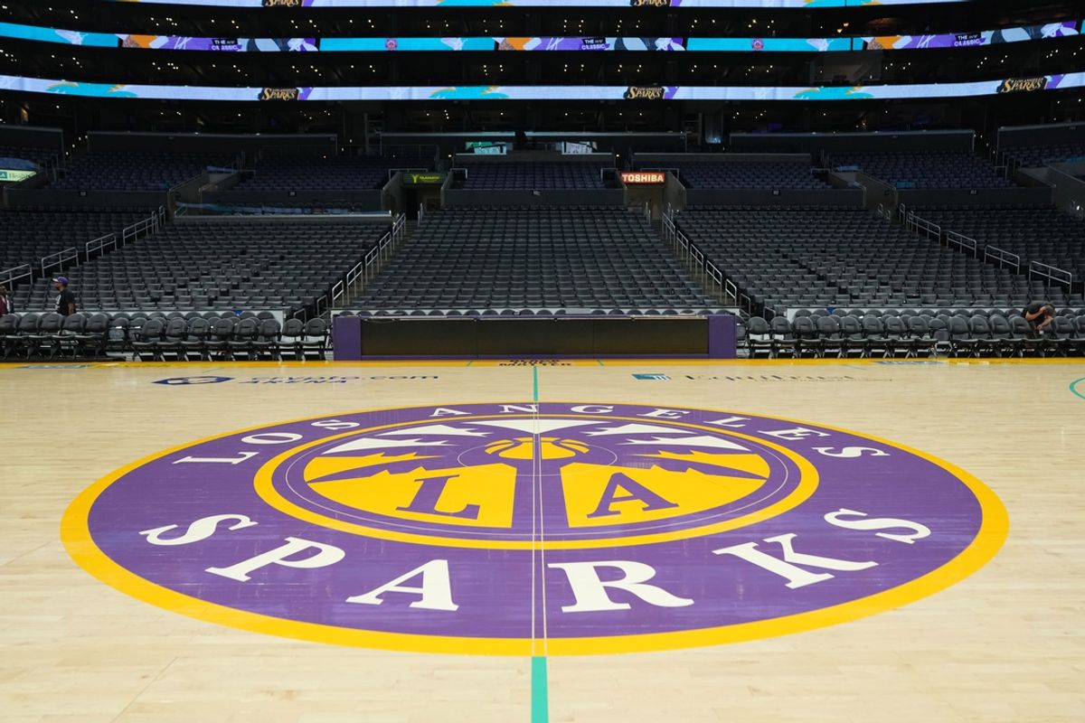 Jul 7, 2024; Los Angeles, California, USA; The LA Sparks logo at midcourt at Crypto.com Arena. Mandatory Credit: Kirby Lee-Imagn Images