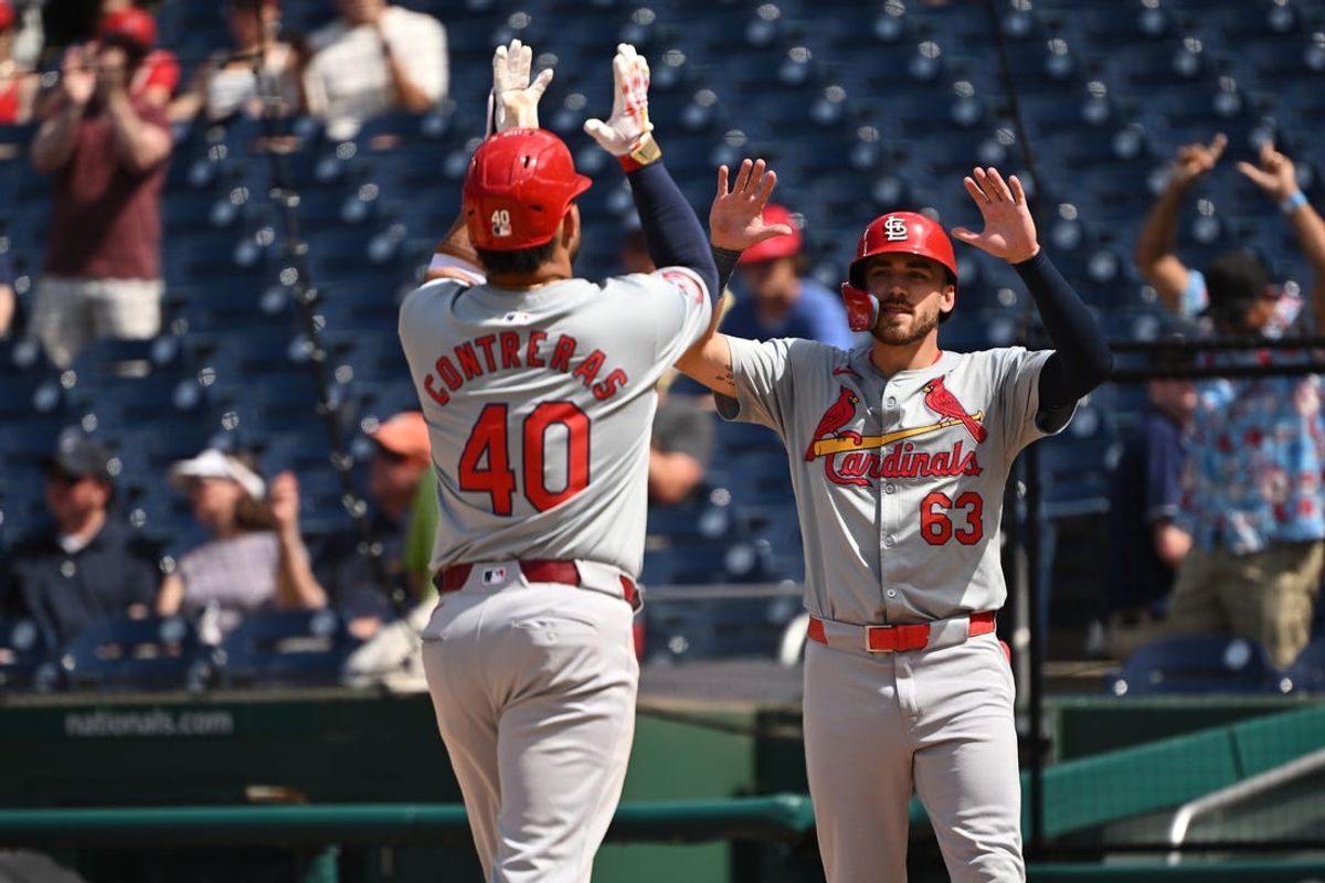 Jul 7, 2024; Washington, District of Columbia, USA; St. Louis Cardinals center fielder Michael Siani (63) celebrates with catcher Willson Contreras (40) after a two run home run against the Washington Nationals during the seventh inning at Nationals Park. Mandatory Credit: Rafael Suanes-USA TODAY Sports