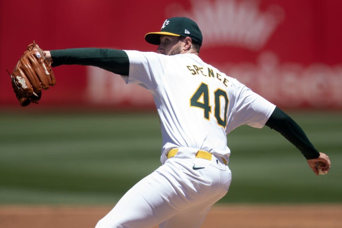 Jul 7, 2024; Oakland, California, USA; Oakland Athletics starting pitcher Mitch Spence (40) delivers a pitch against the Baltimore Orioles during the second inning at Oakland-Alameda County Coliseum. Mandatory Credit: D. Ross Cameron-USA TODAY Sports