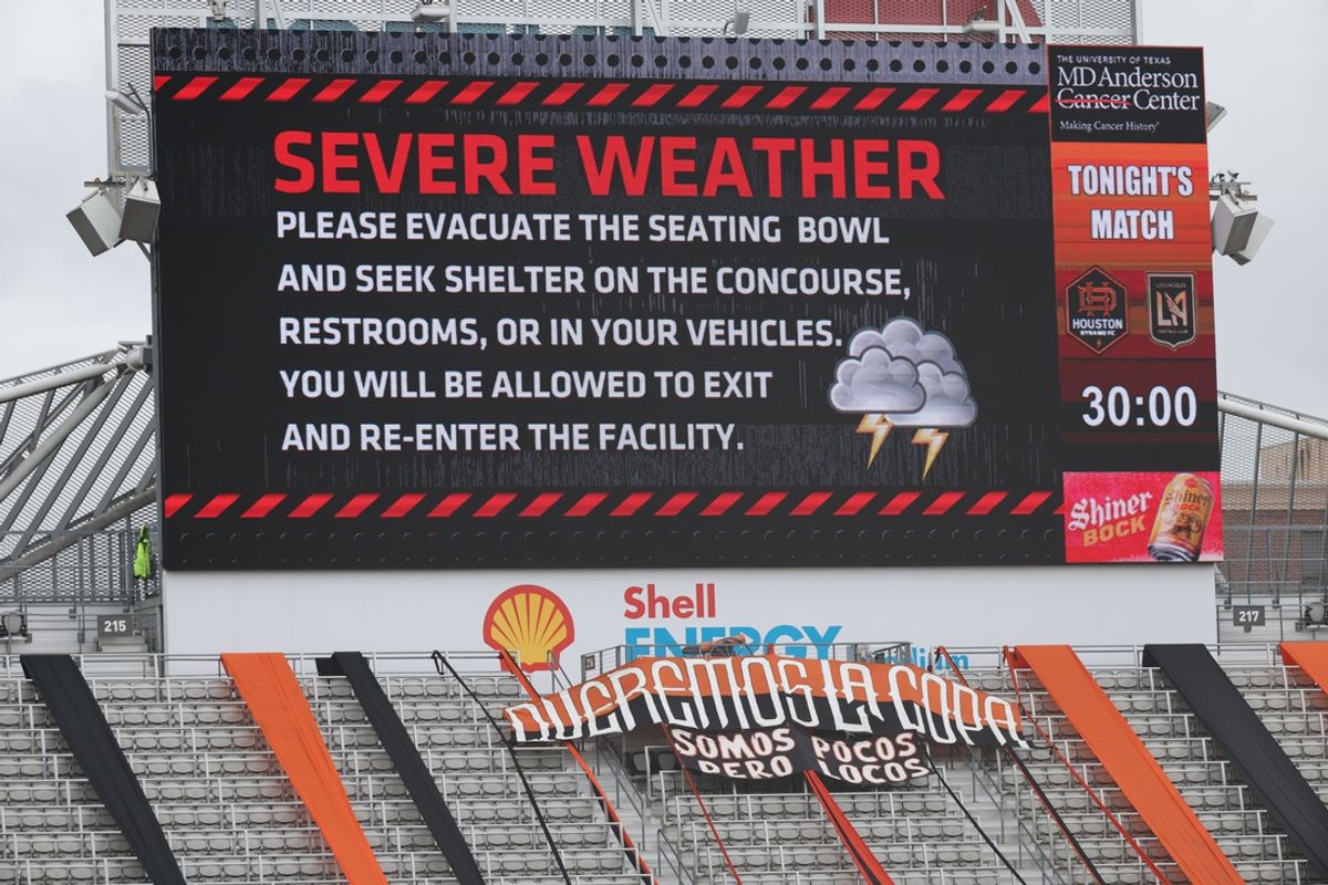 Jul 7, 2024; Houston, Texas, USA; General view of weather delay signs before the match between the Houston Dynamo and the LAFC at Shell Energy Stadium. Mandatory Credit: Thomas Shea-USA TODAY Sports