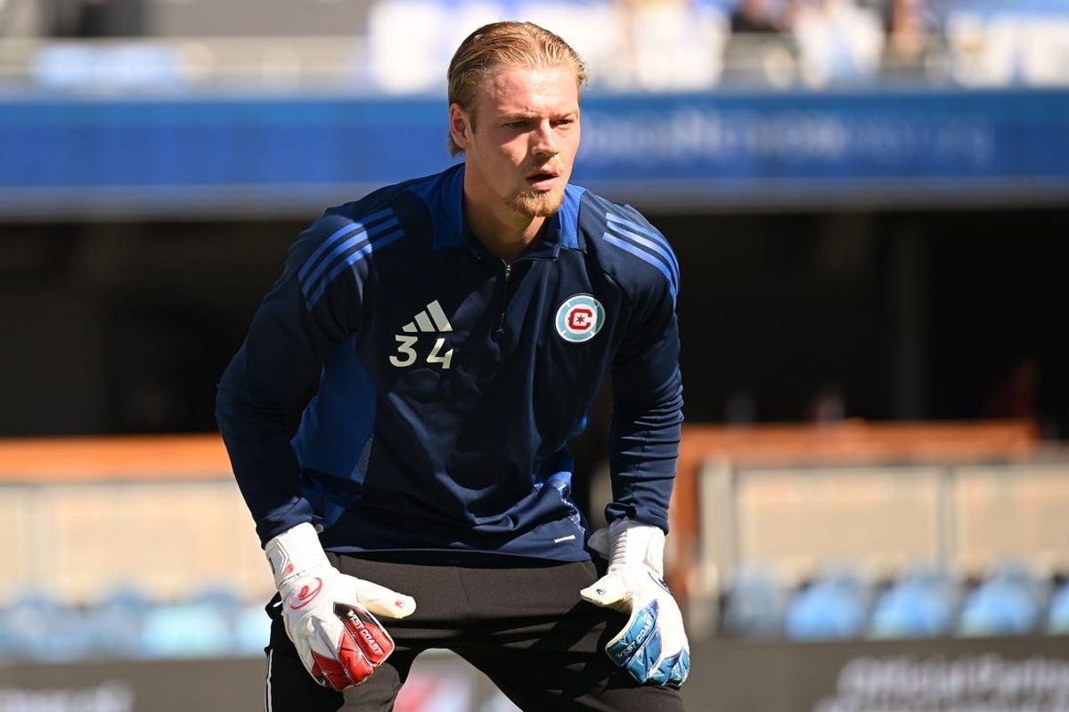 Jul 7, 2024; San Jose, California, USA; Chicago Fire goalkeeper Chris Brady (34) warms up on the field before the game between the San Jose Earthquakes and Chicago Fire FC at PayPal Park. Mandatory Credit: Robert Edwards-USA TODAY Sports