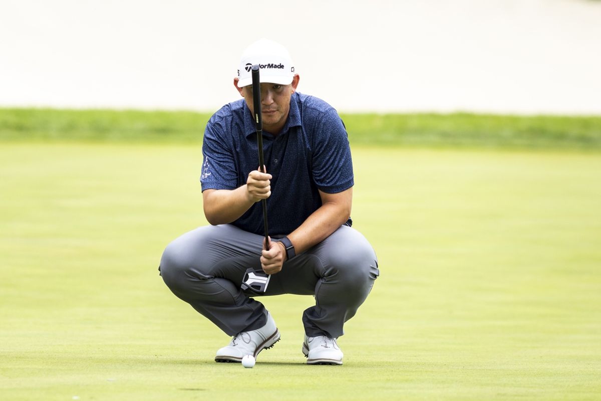 Jul 7, 2024; Silvis, Illinois, USA; Rico Hoey lines up a putt on the 18th green during the final round of the John Deere Classic golf tournament. Mandatory Credit: Joseph Cress-Imagn Images