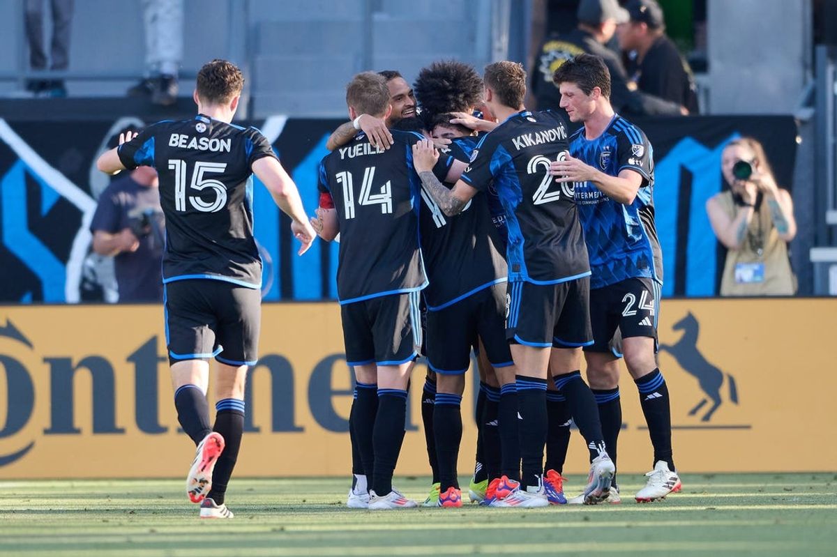 Jul 7, 2024; San Jose, California, USA; San Jose Earthquakes midfielder Hernan Lopez (23) (obscured) celebrates with his teammates after scoring a goal against Chicago Fire FC during the second half at PayPal Park. Mandatory Credit: Robert Edwards-USA TODAY Sports