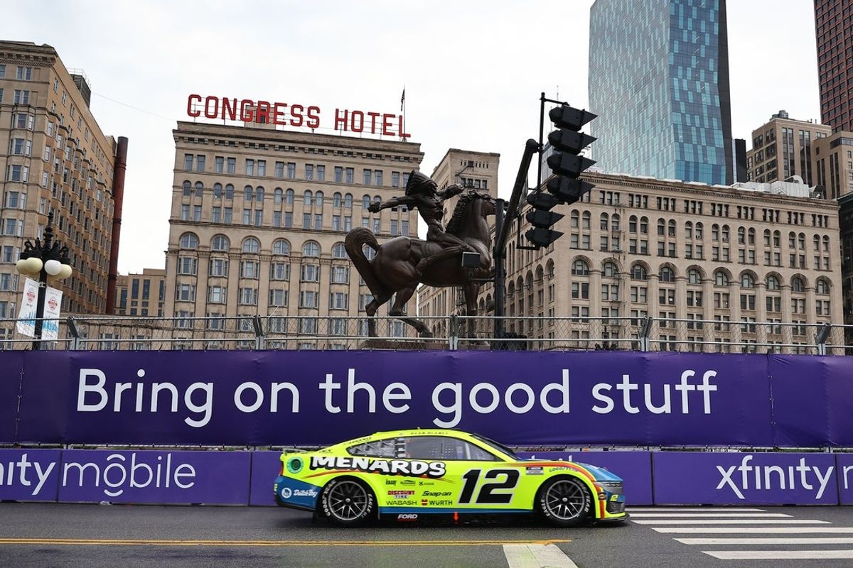 Jul 7, 2024; Chicago, Illinois, USA; NASCAR Cup Series driver Ryan Blaney (12) during the Grant Park 165 at Chicago Street Race. Mandatory Credit: Mike Dinovo-Imagn Images
