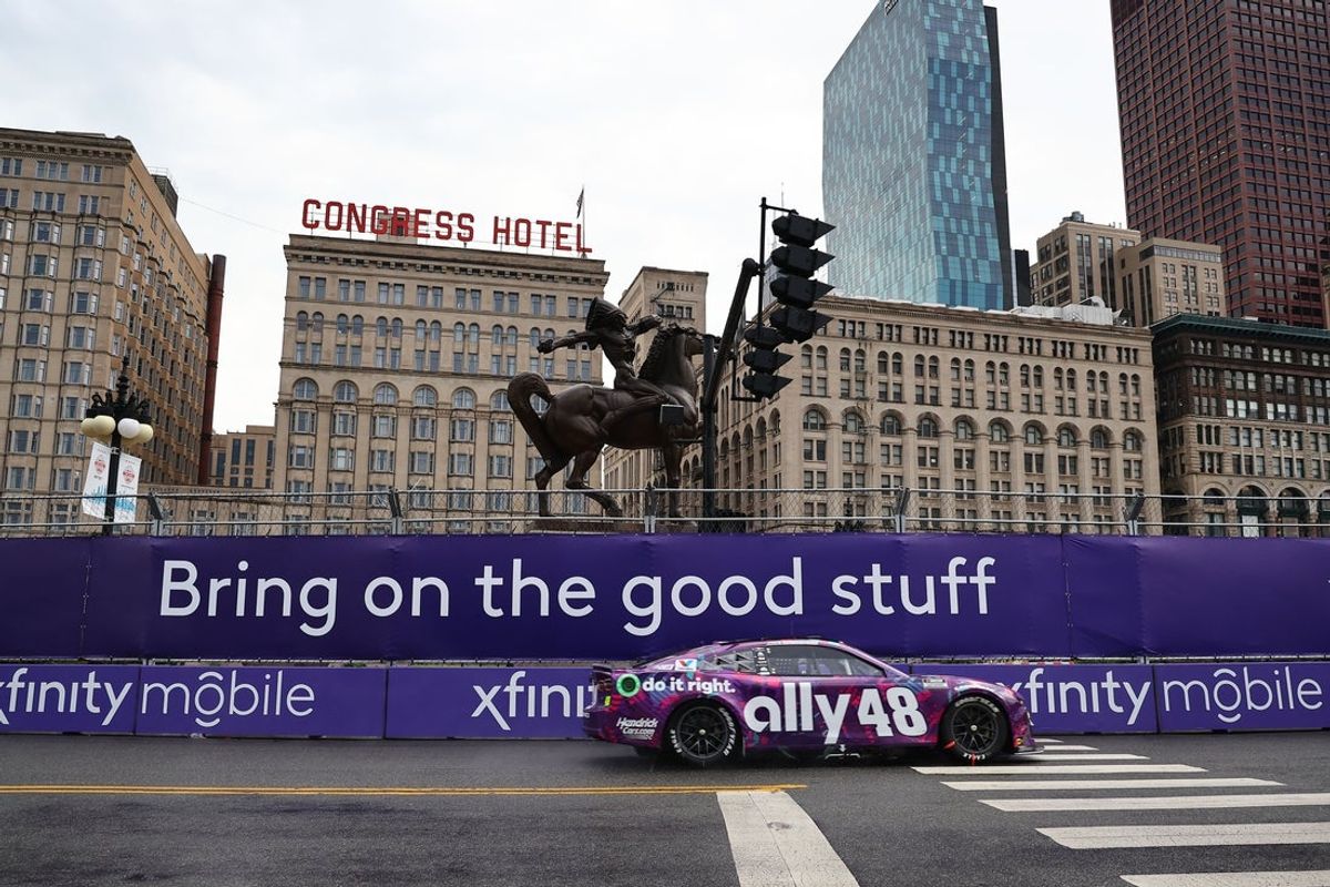 Jul 7, 2024; Chicago, Illinois, USA; NASCAR Cup Series driver Alex Bowman (48) during the Grant Park 165 at Chicago Street Race. Mandatory Credit: Mike Dinovo-Imagn Images