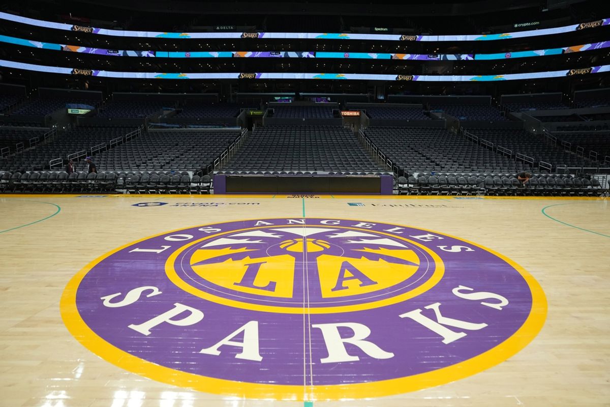 Jul 7, 2024; Los Angeles, California, USA; The LA Sparks logo at midcourt at Crypto.com Arena. Mandatory Credit: Kirby Lee-Imagn Images