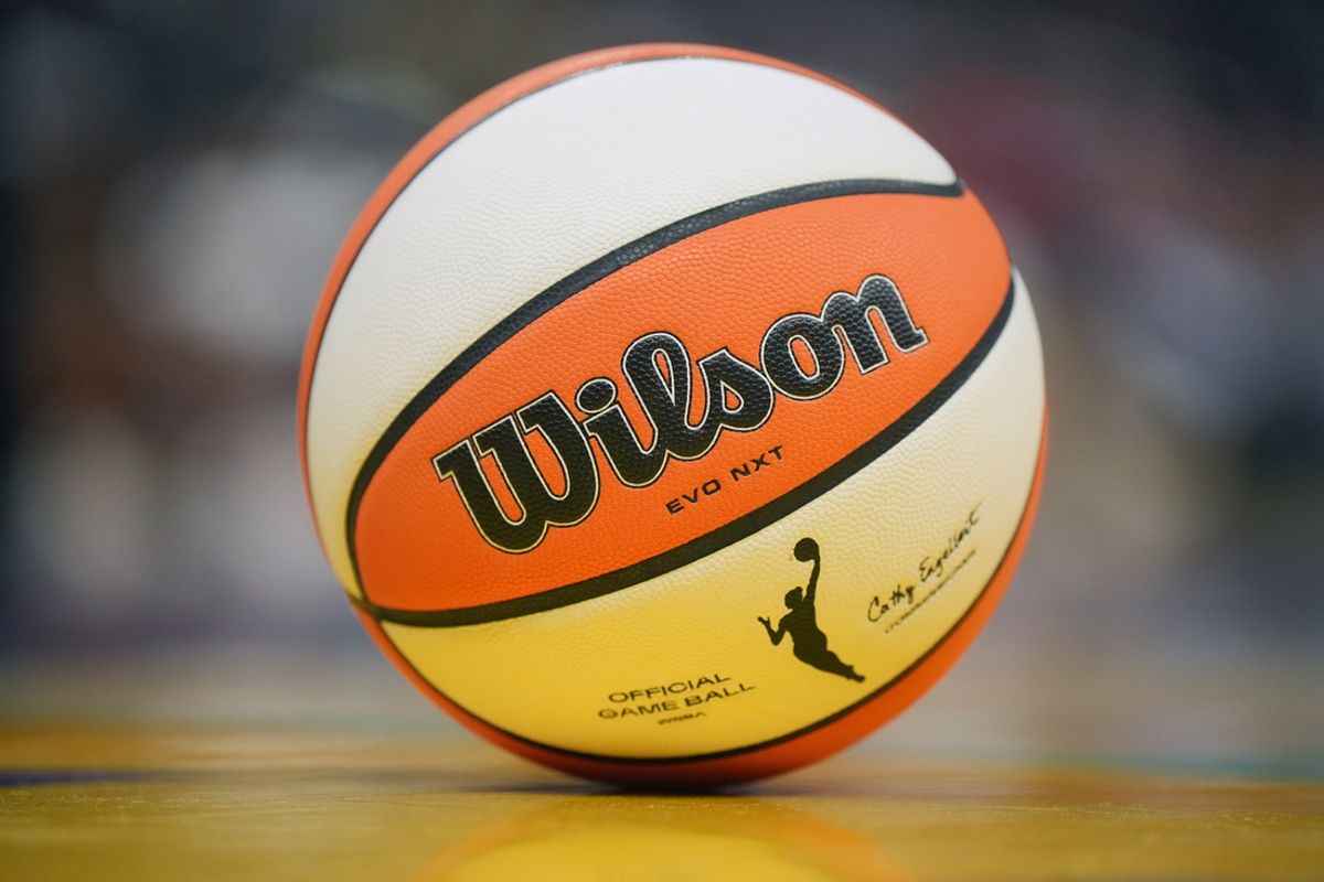 Jul 7, 2024; Los Angeles, California, USA; Detail view of a Wilson official WNBA Evo NXT basketball on the court at the Crypto.com Arena. Mandatory Credit: Kirby Lee-USA TODAY Sports