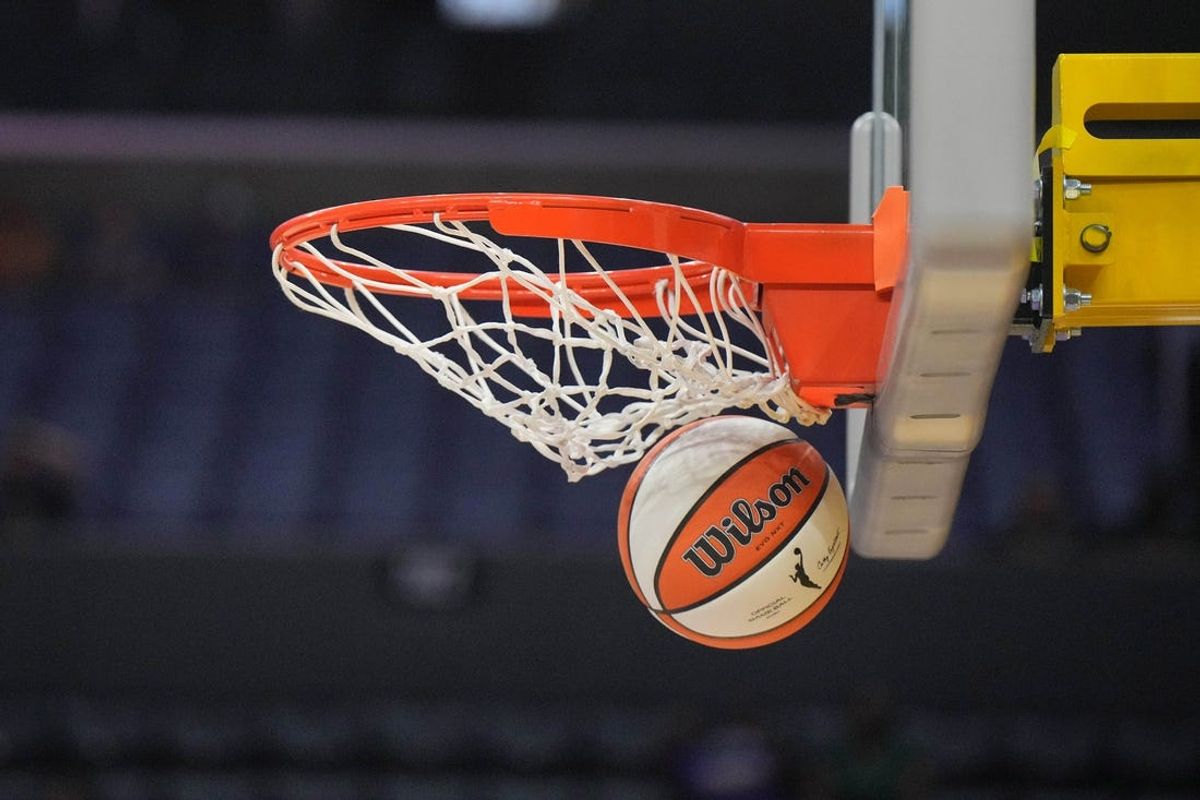 Jul 7, 2024; Los Angeles, California, USA; A Wilson official WNBA Evo NXT basketball approaches the net and rim at the Crypto.com Arena. Mandatory Credit: Kirby Lee-USA TODAY Sports