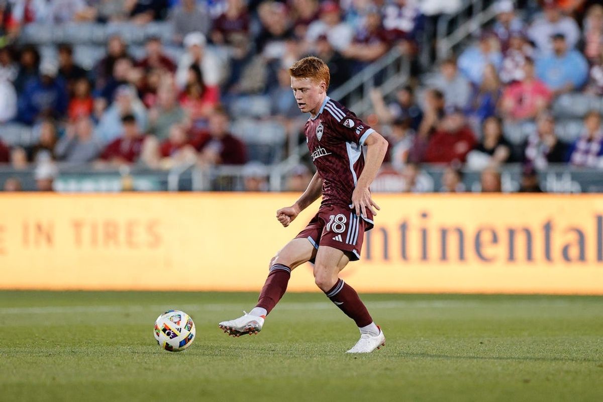 Jul 7, 2024; Commerce City, Colorado, USA; Colorado Rapids midfielder Oliver Larraz (18) controls the ball in the first half against St. Louis CITY SC at Dick's Sporting Goods Park. Mandatory Credit: Isaiah J. Downing-USA TODAY Sports