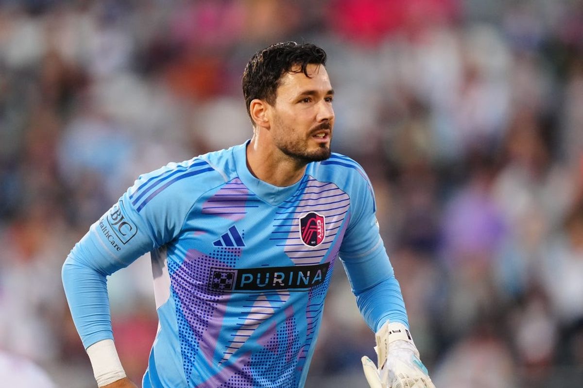 Jul 7, 2024; Commerce City, Colorado, USA; St. Louis City SC goalkeeper Roman Burki (1) leaves the pitch in the first half against the Colorado Rapids at Dick's Sporting Goods Park. Mandatory Credit: Ron Chenoy-USA TODAY Sports