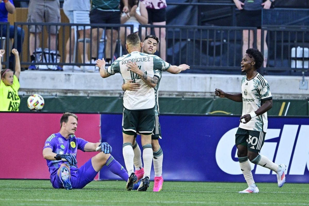 Jul 7, 2024; Portland, Oregon, USA; Portland Timbers forward Felipe Mora (9) celebrates with teammates after scoring a goal during the first half against Nashville SC at Providence Park. Mandatory Credit: Troy Wayrynen-USA TODAY Sports