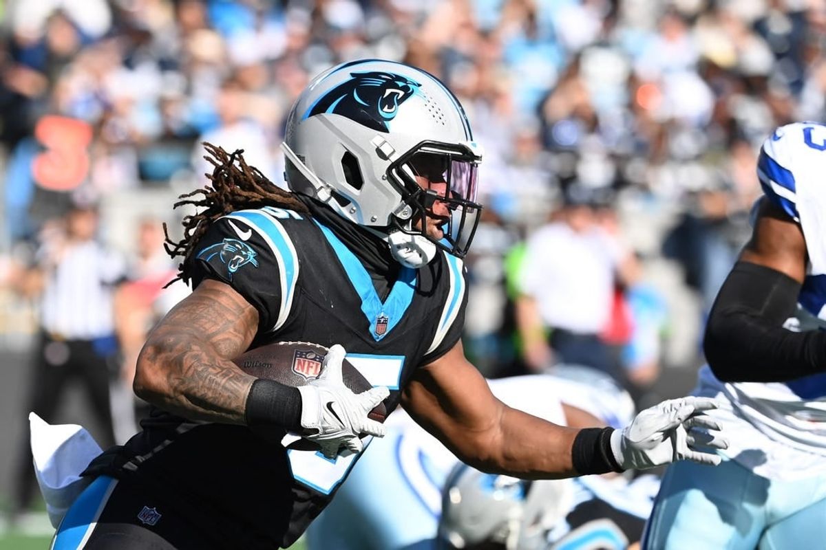 Nov 19, 2023; Charlotte, North Carolina, USA;  Carolina Panthers wide receiver Laviska Shenault Jr. (5) with the ball in the second quarter at Bank of America Stadium.