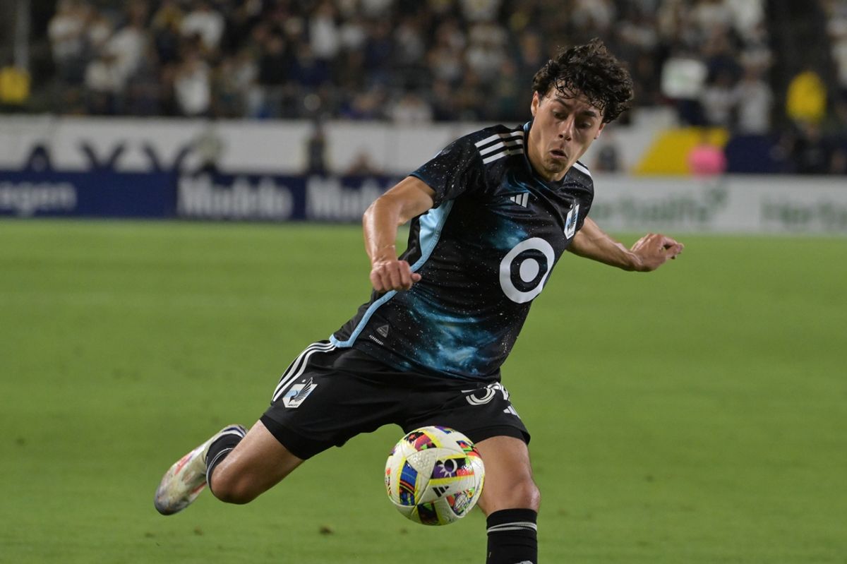 Jul 7, 2024; Carson, California, USA; Minnesota United midfielder Caden Clark (37) plays the ball in the second half against the Los Angeles Galaxy at Dignity Health Sports Park. Mandatory Credit: Jayne Kamin-Oncea-USA TODAY Sports