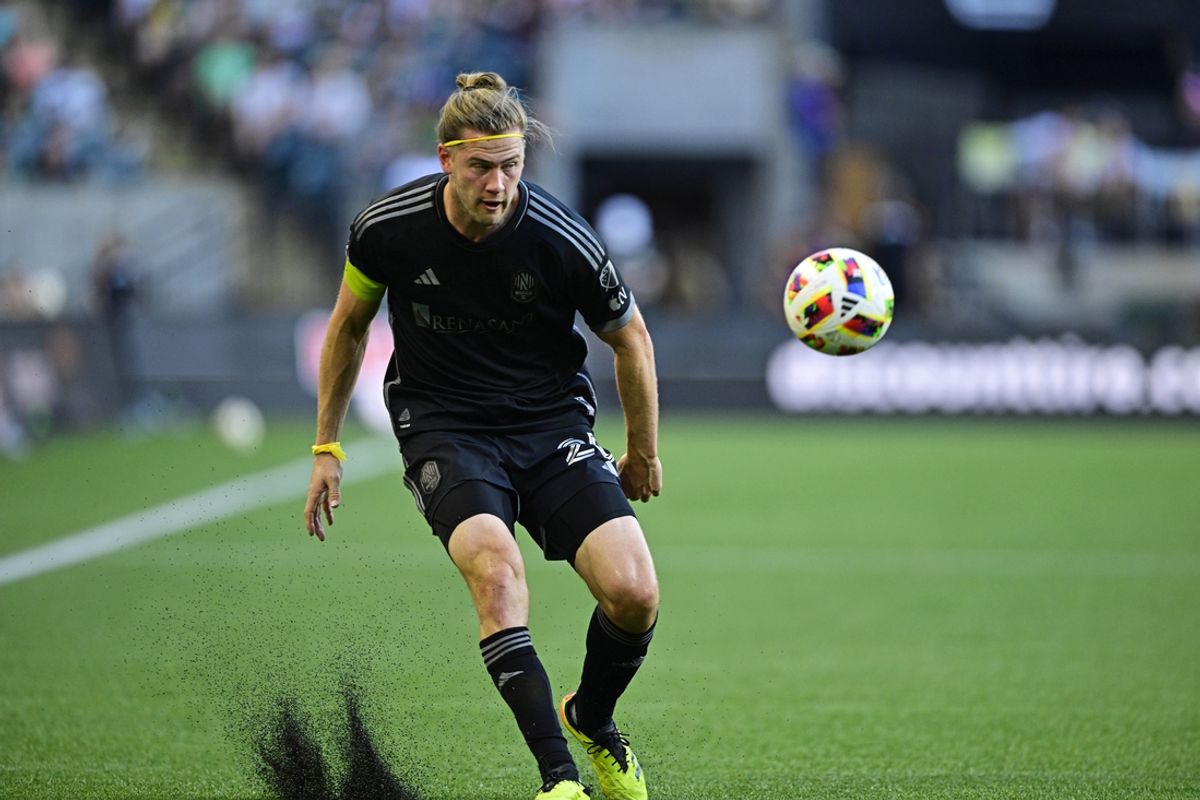 Jul 7, 2024; Portland, Oregon, USA; Nashville SC defender Walker Zimmerman (25) controls the ball during the first half against the Portland Timbers at Providence Park. Mandatory Credit: Troy Wayrynen-USA TODAY Sports